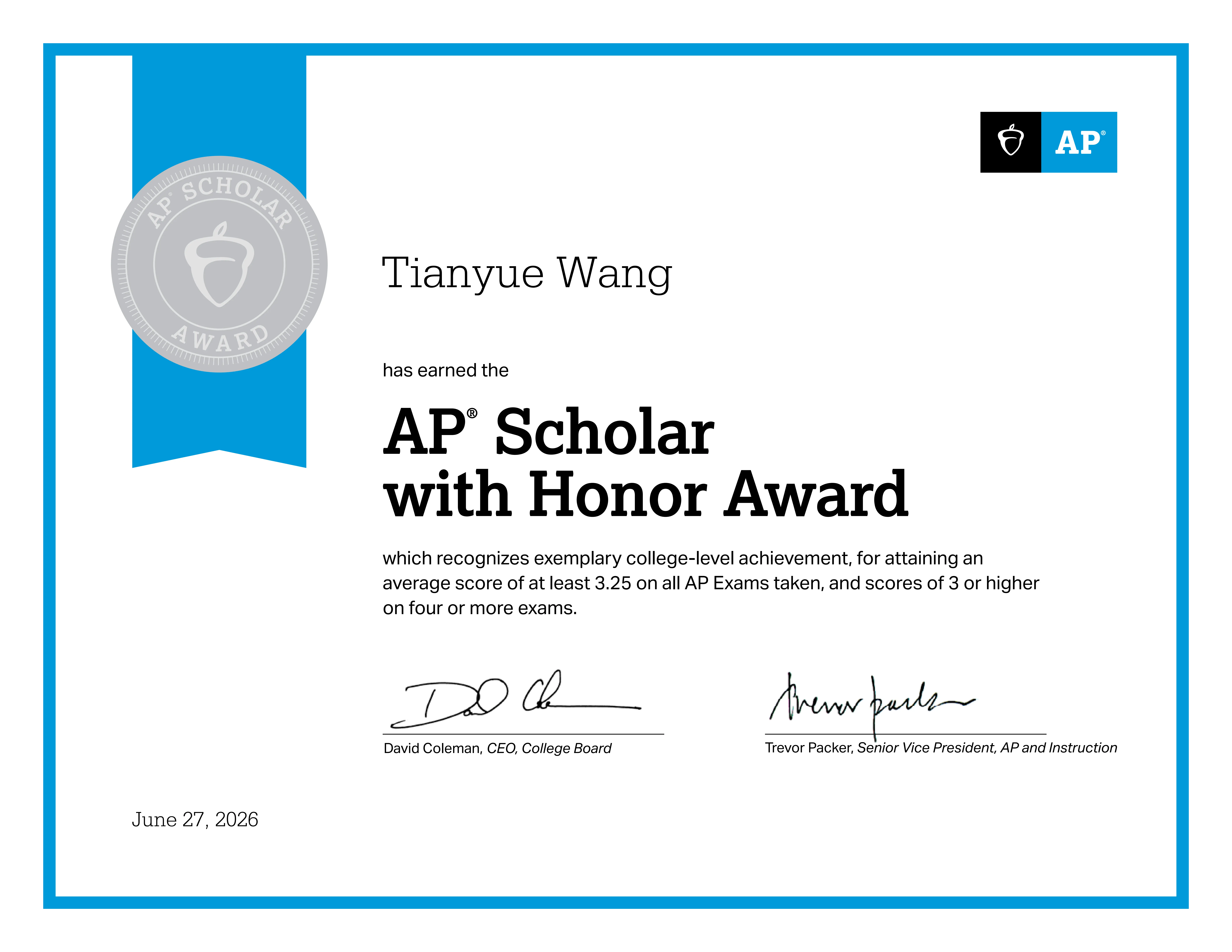 AP Scholar with Honor Award